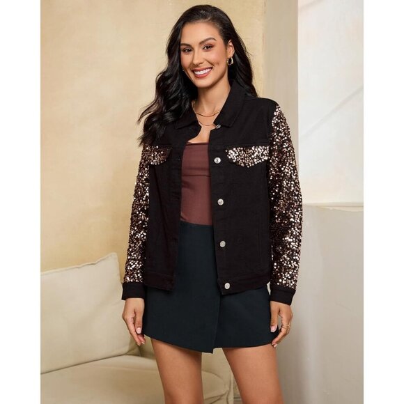 Black & Rose Gold Sequin Jean Jacket for Women Long Sleeve Sparkly Denim Coat - Picture 7 of 7